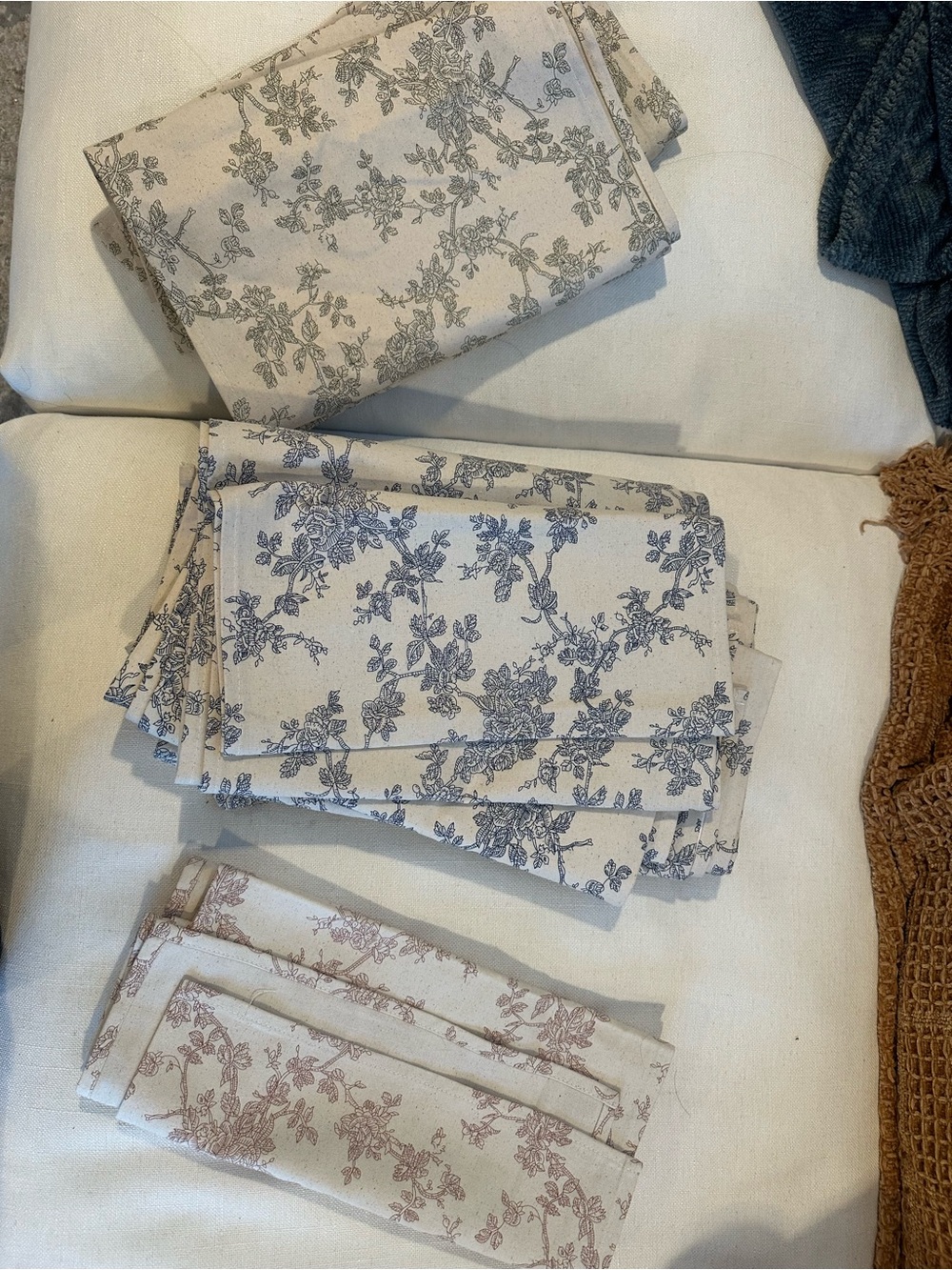 Floral Printed Linen table runners - Neutral Base with Blue and Mauve Prints